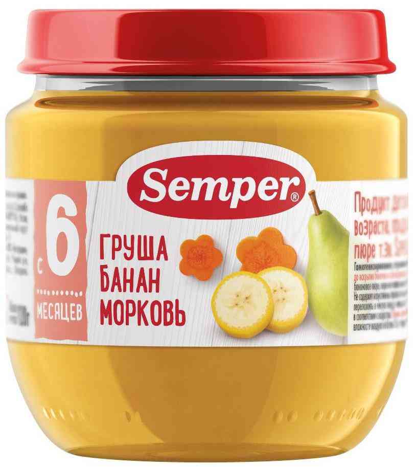 Пюре фруктово-овощное Semper груша-банан-морковь с 6 месяцев
Пюре фруктово-овощное Semper груша-банан-морковь с 6 месяцев