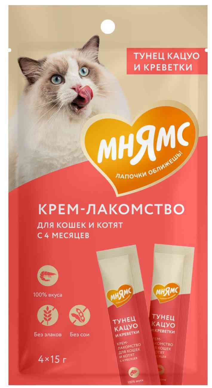 Крем-лакомство для кошек Мнямс тунец Кацуо-креветки
Крем-лакомство для кошек Мнямс тунец Кацуо-креветки