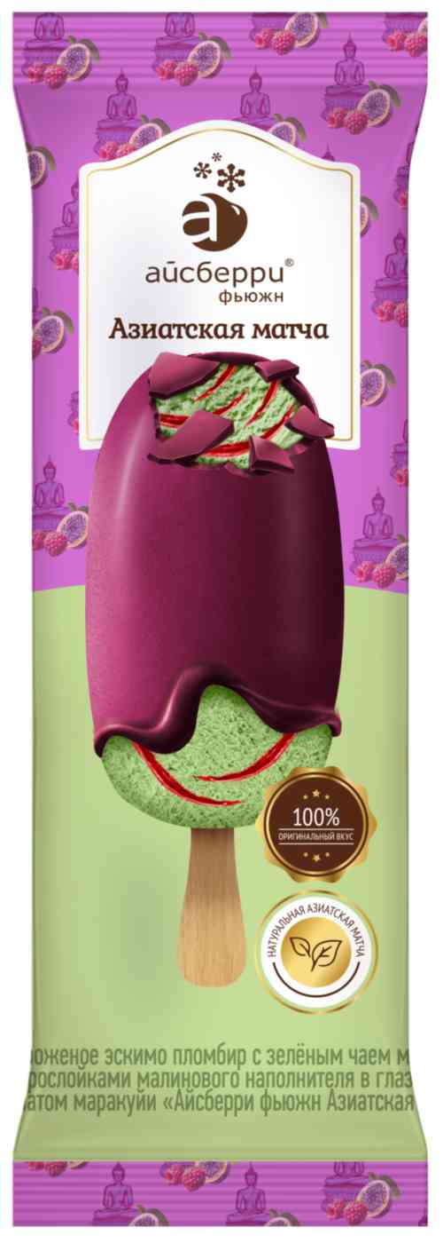 Мороженое эскимо Айсберри фьюжн Азиатская матча с малиной и глазурью с ароматом маракуйи