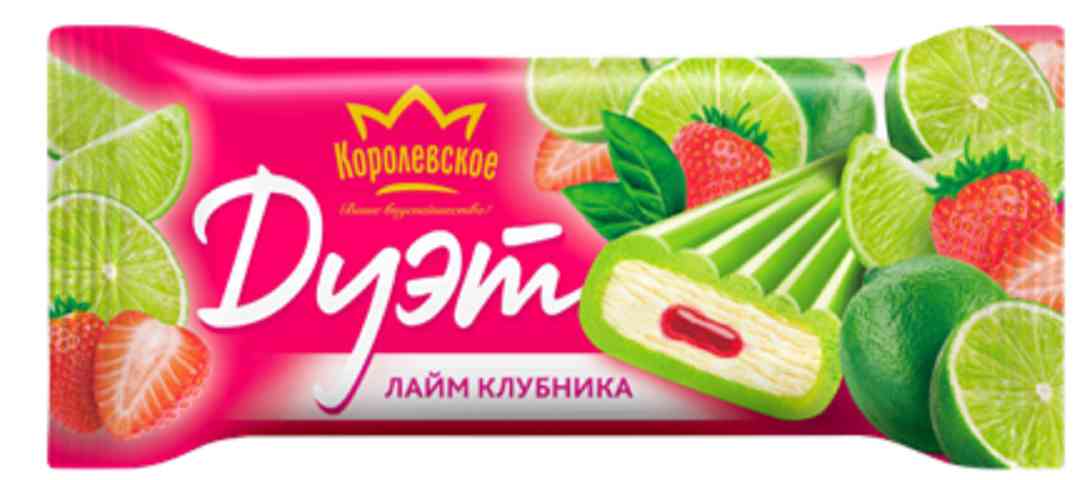Десерт с молоком Королевское Дуэт ваниль с клубничным топпингом во фруктовой глазури со вкусом лайма 100₽