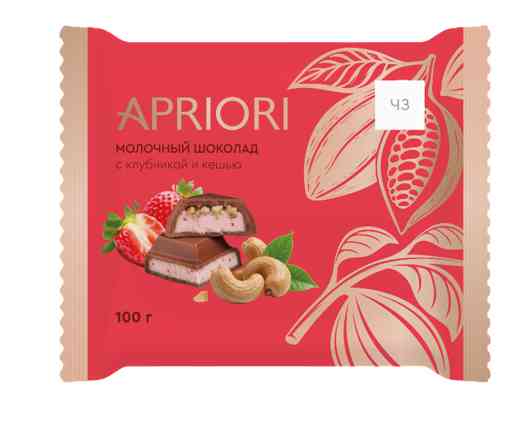 Шоколад молочный Априори с клубничной начинкой и кусочками кешью