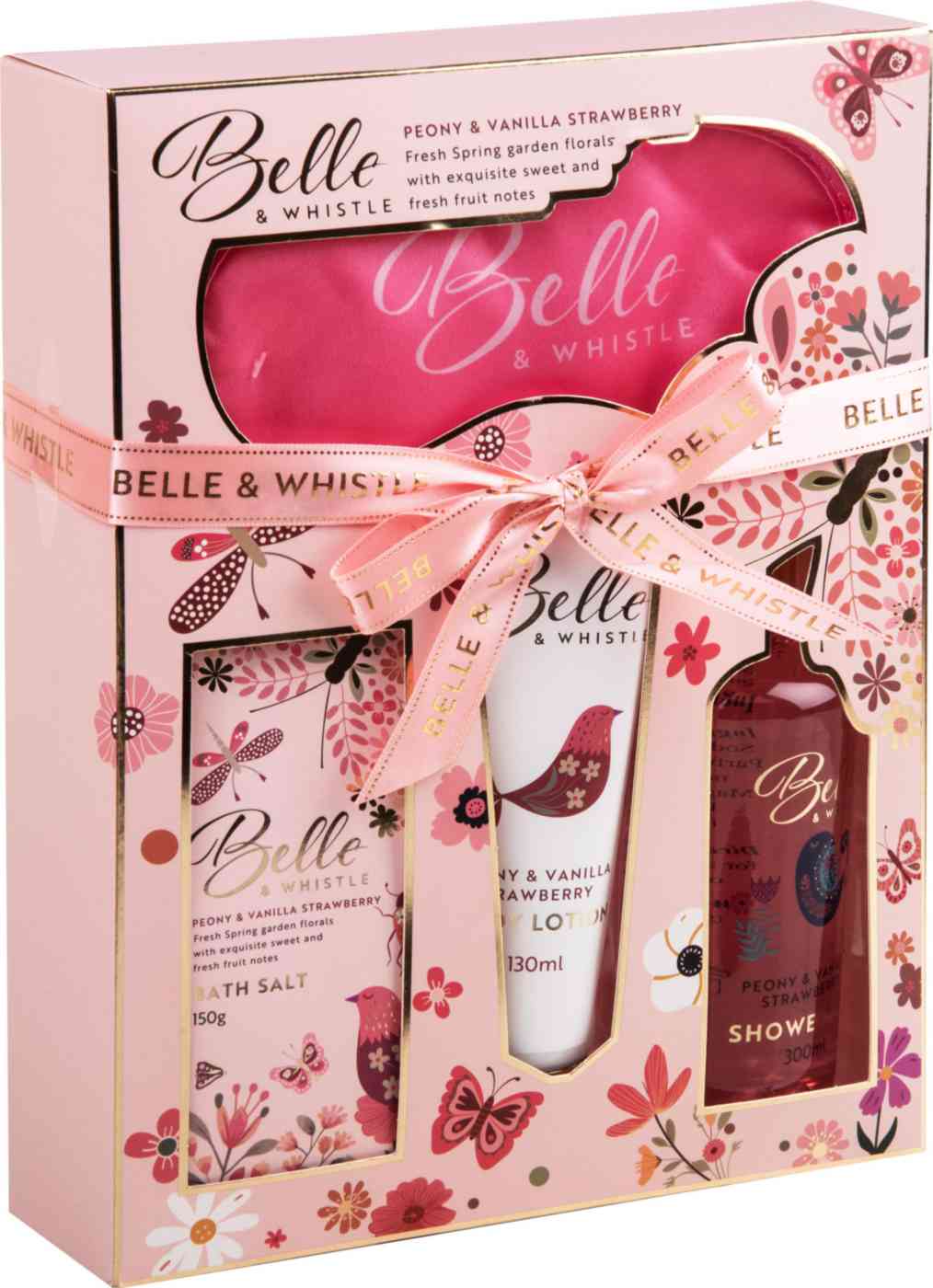 

Подарочный набор Belle & Whistle Пион, ваниль, клубника (гель для душа, лосьон для тела, соль для ванны, маска для сна)