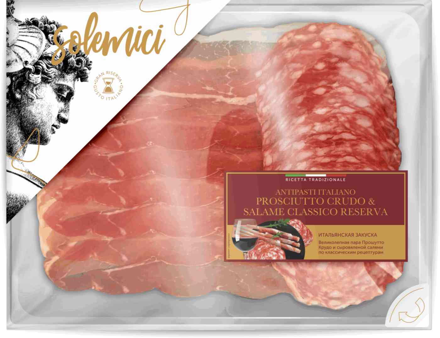 Ассорти сыровяленых деликатесов Solemici Прошутто Крудо и салями Классико резерва