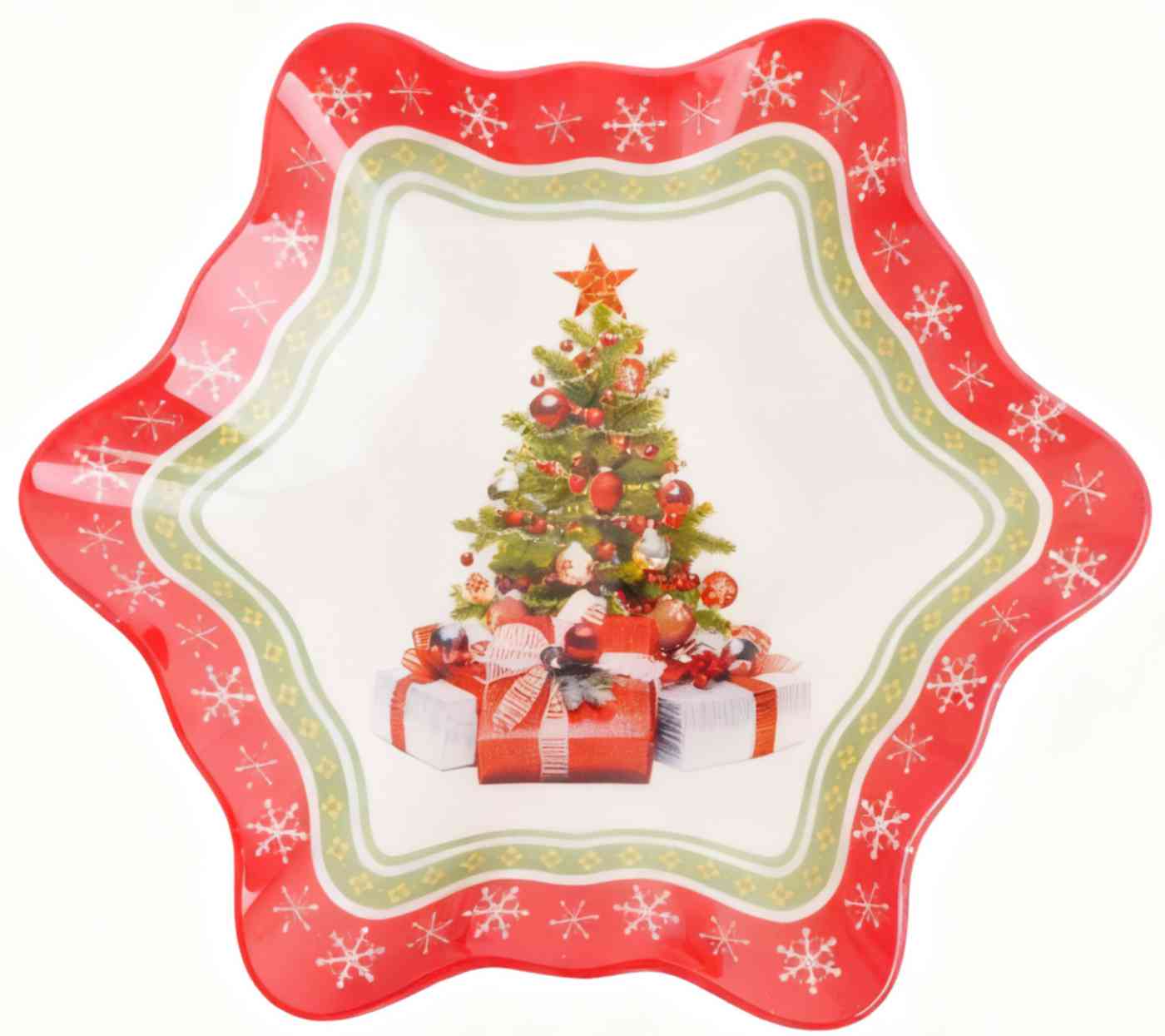 

Блюдо стеклянное Новогодняя Ель снежинка, цвет красный