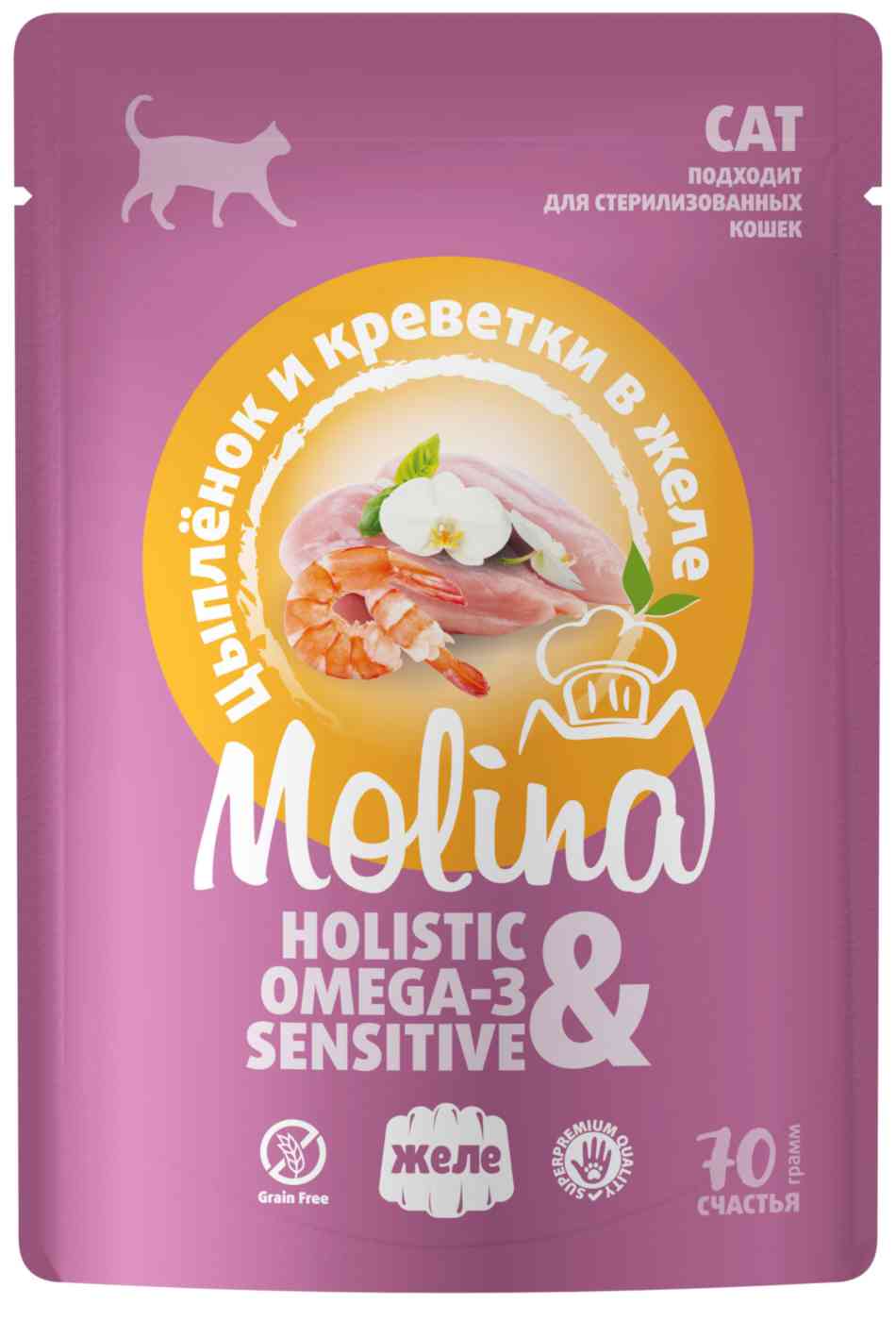 

Влажный корм для кошек Molina цыпленок-креветки в желе