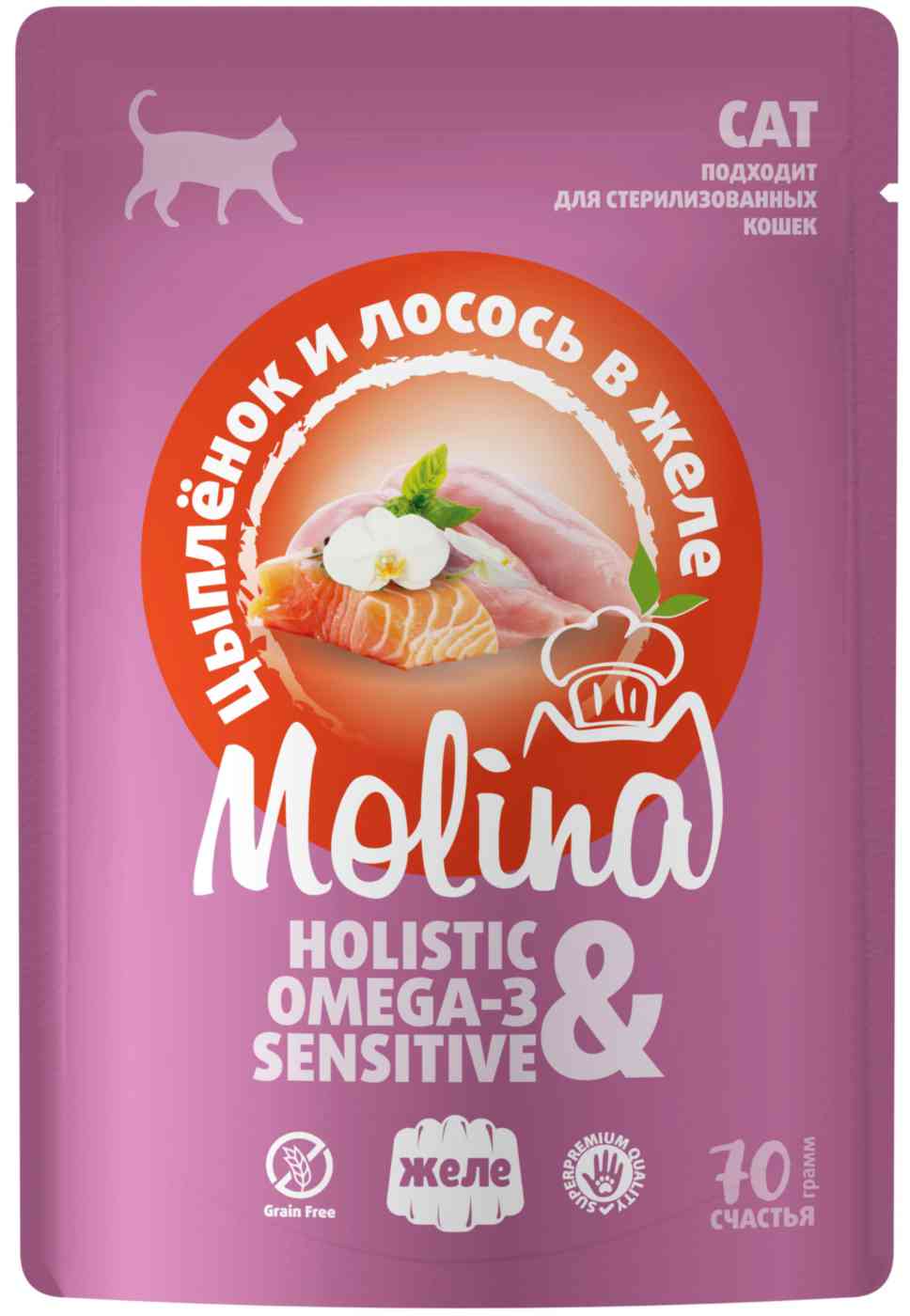 

Влажный корм для кошек Molina цыпленок-лосось в желе