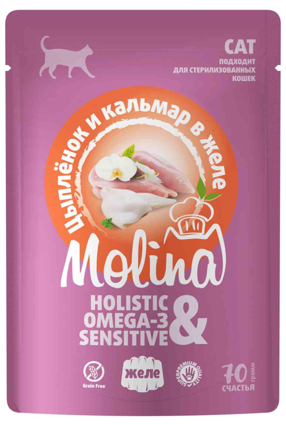 

Влажный корм для кошек Molina цыпленок-кальмар в желе