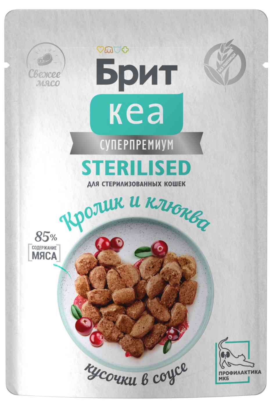 Влажный корм для стерилизованных кошек Брит Кеа Sterilised кролик-клюква кусочки в соусе 100₽