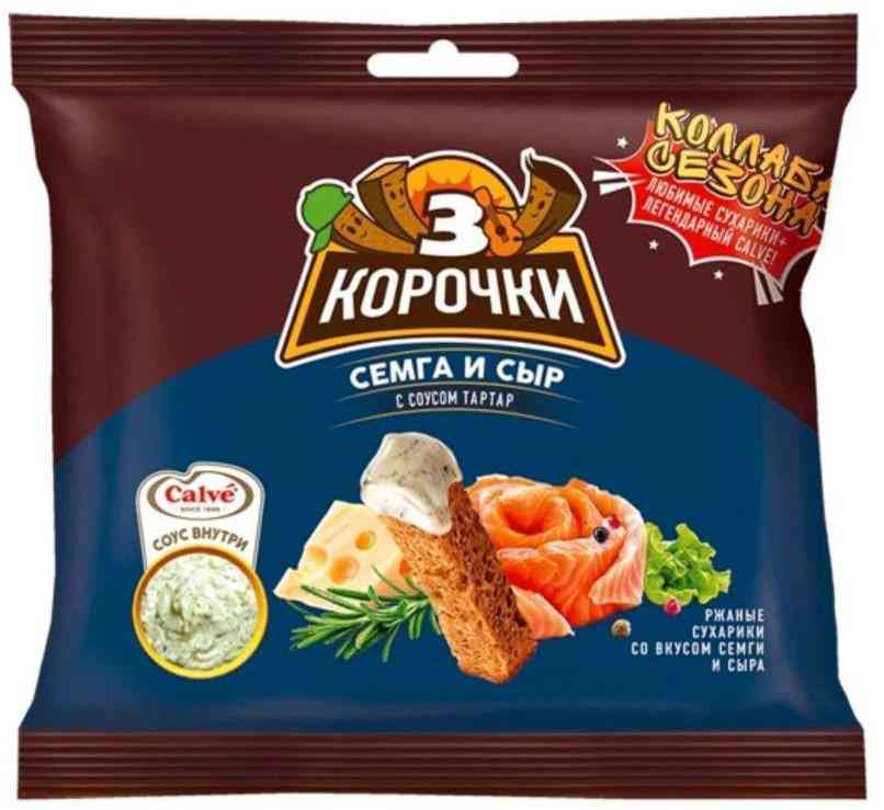 

Сухарики ржаные Три корочки Семга и сыр с соусом Тар-Тар