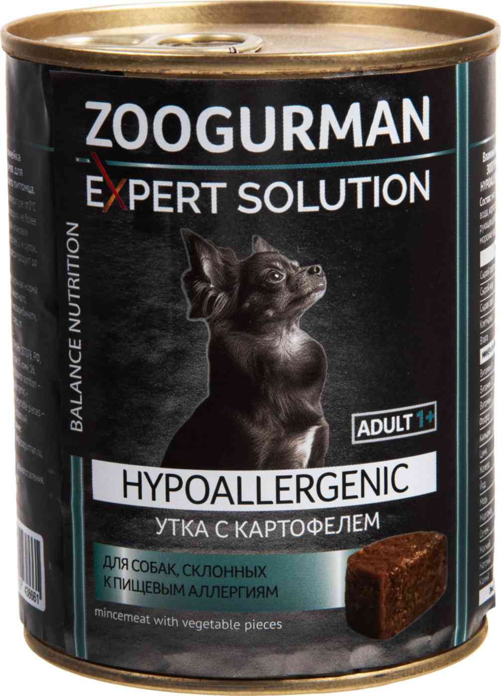 

Влажный корм для собак мелких и средних пород Зоогурман Expert Solution Hypoallergenic утка-картофель