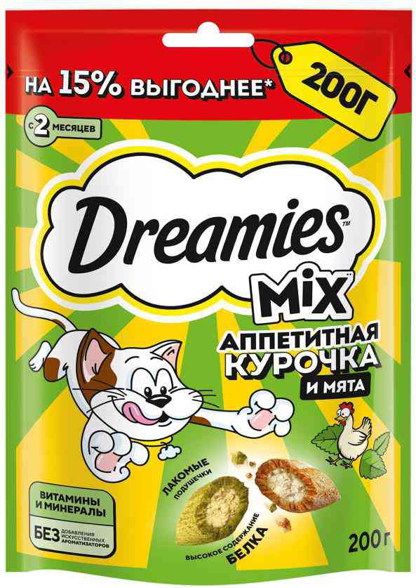 Лакомство для кошек Dreamies Mix курица-мята с 2 месяцев