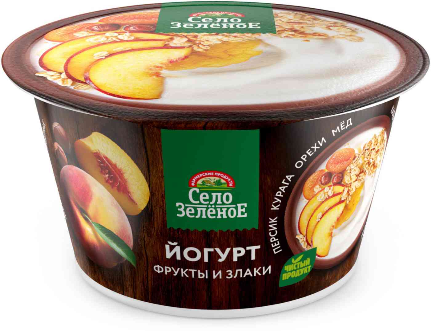Йогурт Село Зелёное Фермерский завтрак персик-курага-орехи-мёд 3,2%
