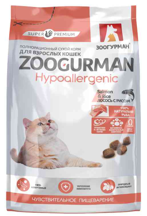 

Сухой корм для взрослых кошек Зоогурман Hypoallergenic лосось-рис