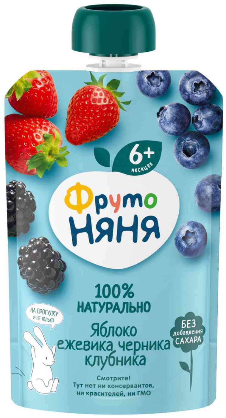 Пюре фруктовое ФрутоНяня яблоко-ежевика-черная смородина-черника-клубника с 6 месяцев