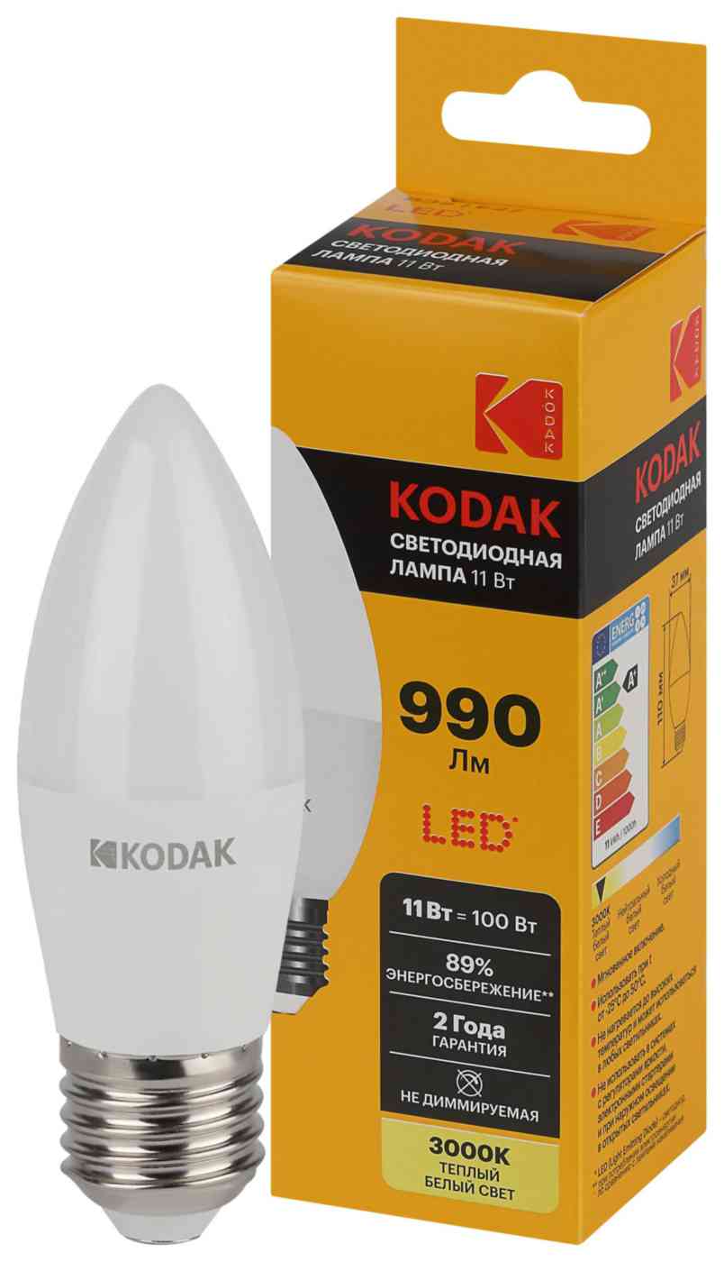 

Лампа светодиодная Kodak Е27 тёплый свет, свеча