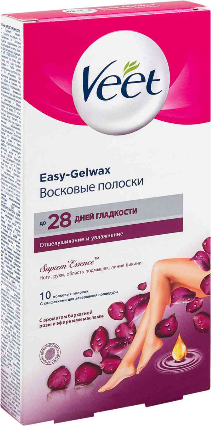 Восковые полоски для депиляции ног и рук Veet Easy-Gelwax c ароматом  бархатной розы и эфирными маслами, 10 шт — купить в Москве в  интернет-магазине «GLOBUS»