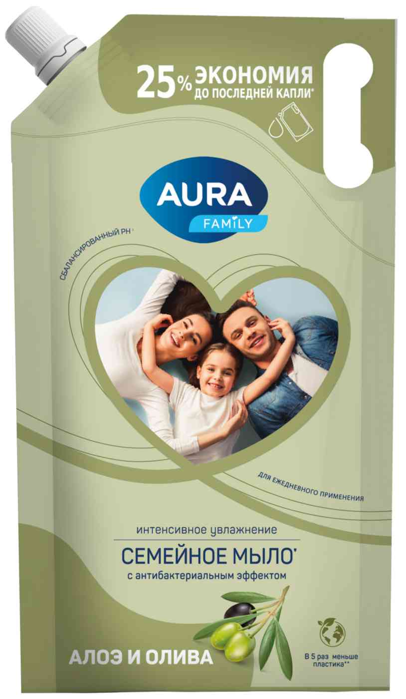 Жидкое мыло Aura Family алоэ-олива с антибактериальным эффектом