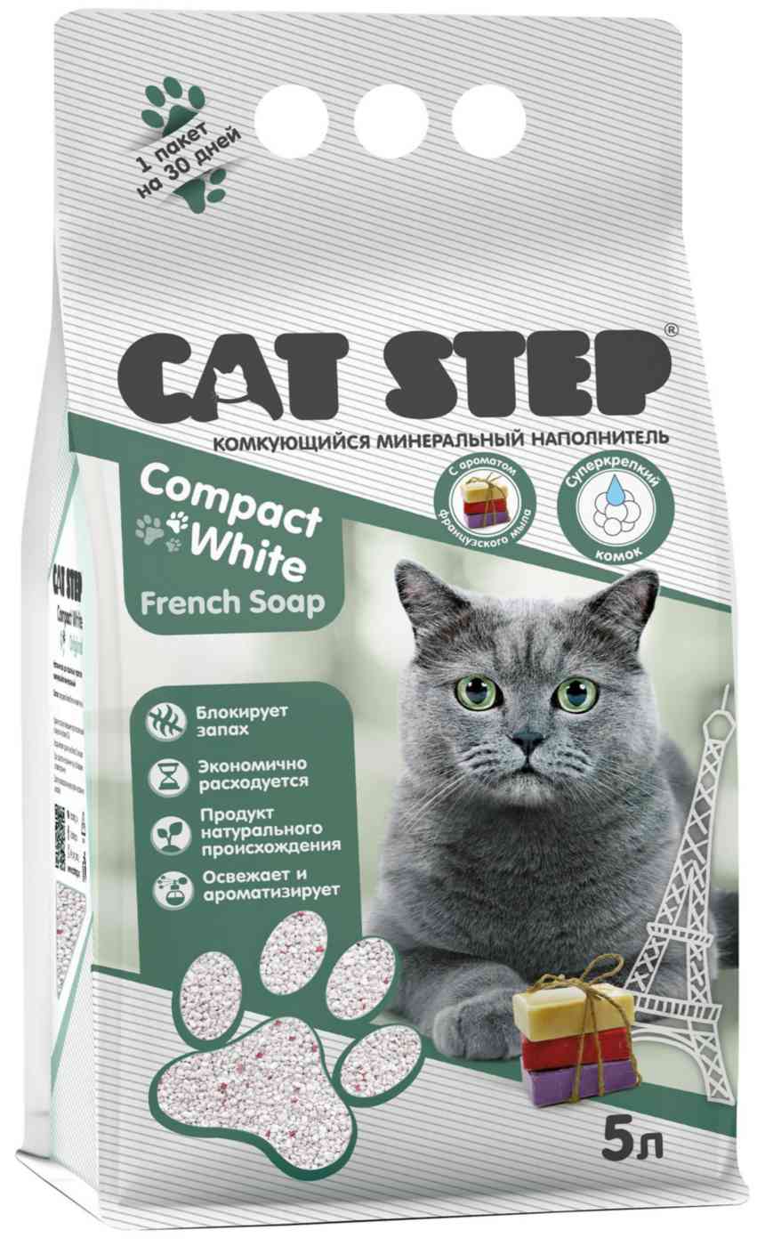 

Наполнитель для кошачьего туалета комкующийся минеральный Cat Step Compact White French Soap