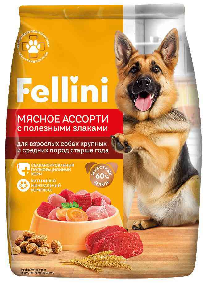 

Сухой корм для собак крупных и средних пород Fellini мясное ассорти-злаки