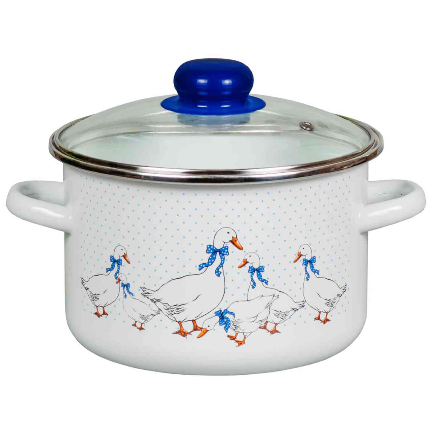 

Кастрюля эмалированная Appetite Гуси со стеклянной крышкой цвет: белый/голубой