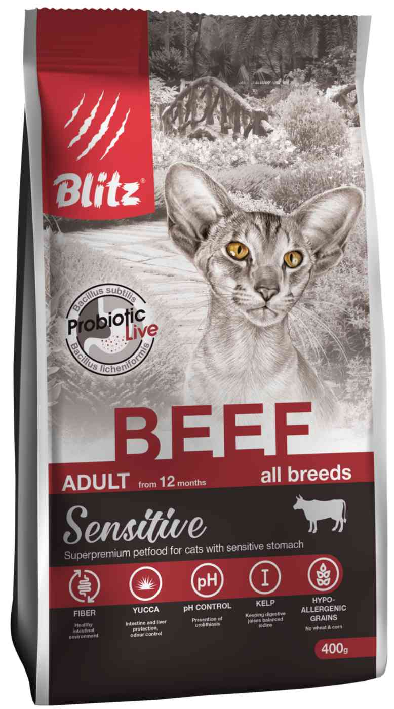 Сухой корм для кошек с чувствительным пищеварением Blitz Adult Sensitive говядина