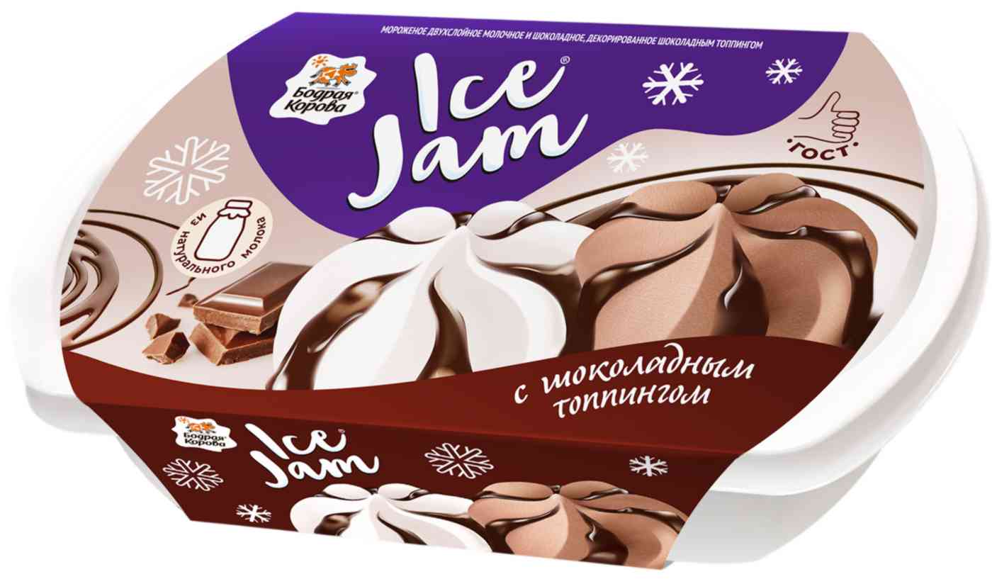 Мороженое IceJam двухслойное молочное и шоколадное с шоколадным топпингом Бодрая Корова