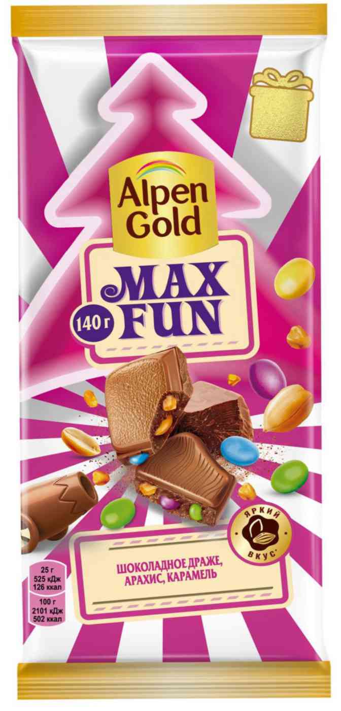 

Шоколад молочный Alpen Gold Max Fun драже-арахис-карамель