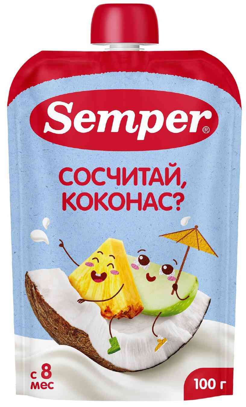 Пюре фруктовое Semper Сосчитай, коконас? яблоко-банан-ананас-кокос с 8 месяцев