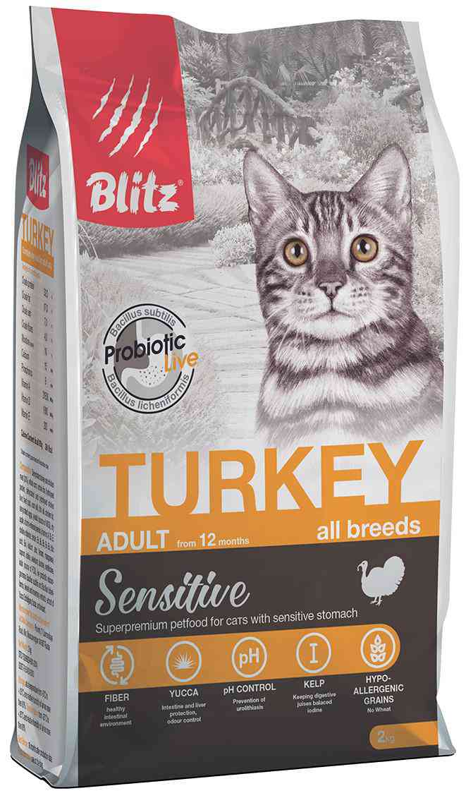 Сухой корм для кошек с чувствительным пищеварением Blitz Adult Sensitive индейка