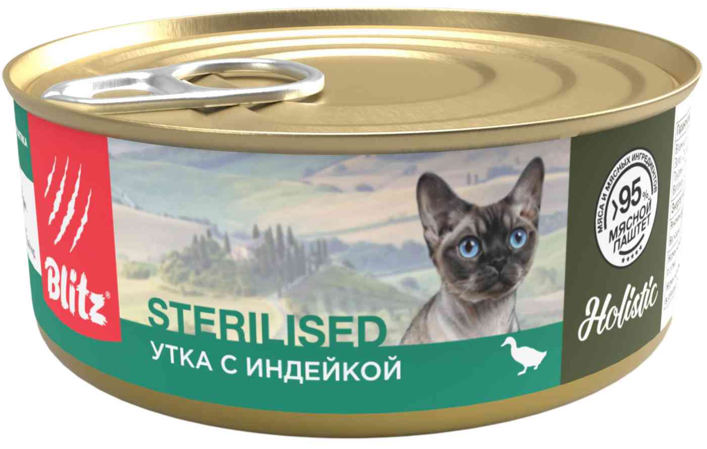 

Влажный корм для стерилизованных кошек Blitz Sterilised утка-индейка паштет