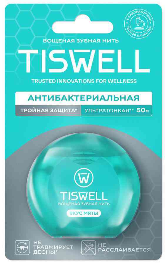 

Зубная нить вощеная Tiswell антибактериальная мята