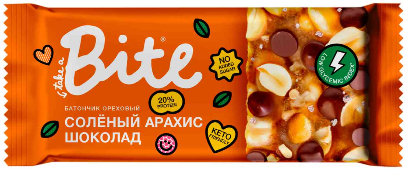 

Батончик ореховый Take a Bite соленый арахис-шоколад
